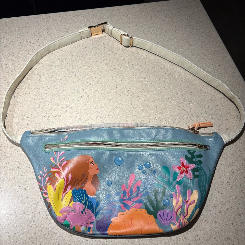 Disney Blue Floral Mermaid Crossbody Waist Bag with Cream Strap